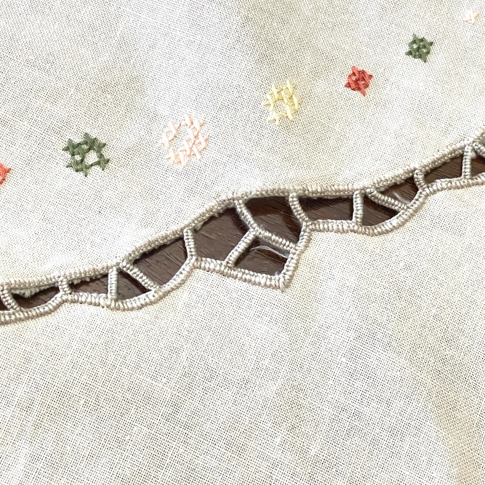 Vintage Linen Oval Tablecloth Embroidered Cross Stitched Roses Butterflies 64x65 - Picture 12 of 14